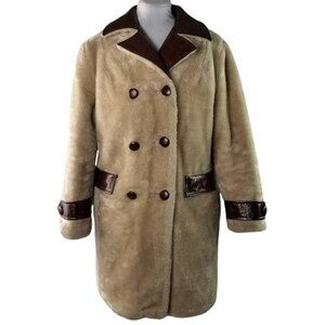 Vintage Fingerhut Fashions Fur Leather Coat Double Breasted Buttons Beige Sz 12